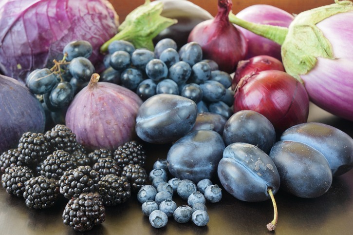Blue and purple fruits and vegetables, including Blueberries, blackberries, eggplant, plums, purple cabbage, purple grapes that contain key nutrients like nthocyanins, ellagic acid, phenolics, manganese, vitamin E, vitamin B-6.