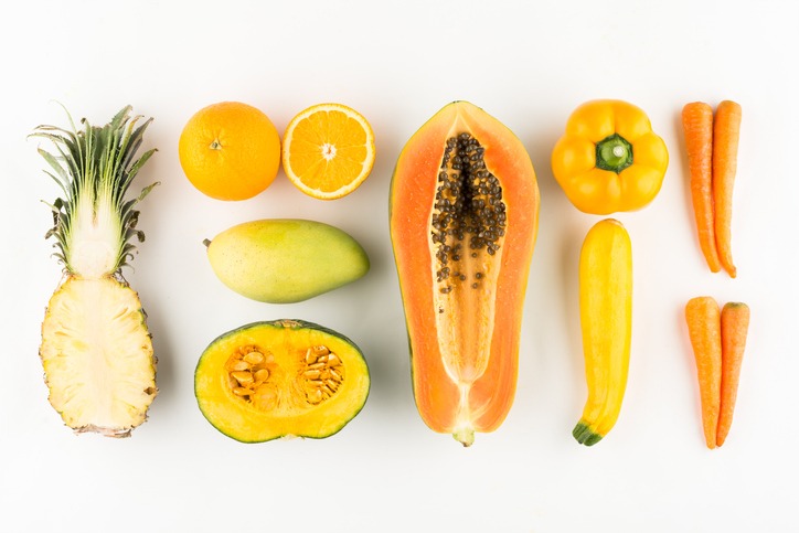 Orange and yellow fruits and vegetables, including Oranges, orange bell peppers, carrots, mango, yellow bell peppers, yellow squash, lemons that contain key nutrients like Beta-carotene, limonene, vitamin C